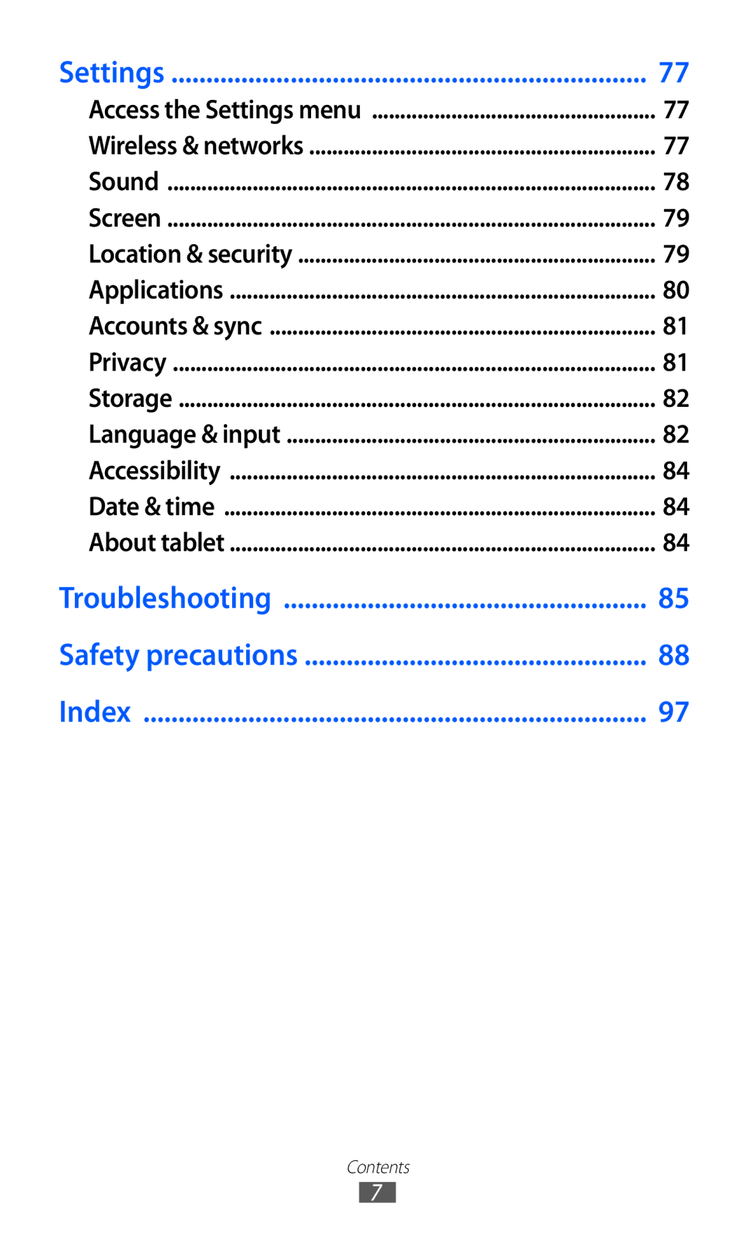 Samsung GT-P7510 user manual Troubleshooting Safety precautions Index 