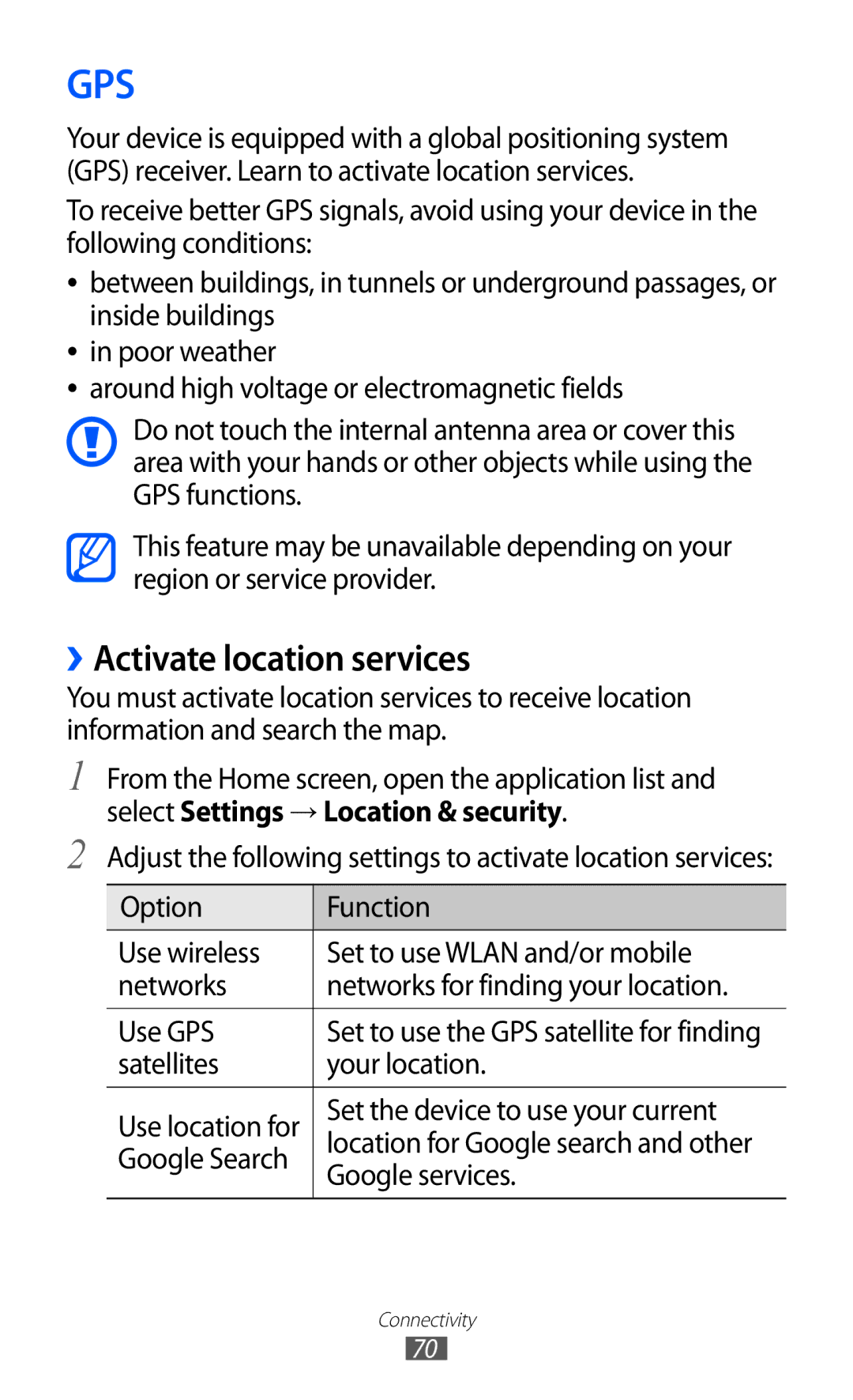 Samsung GT-P7510 user manual Gps, ››Activate location services 