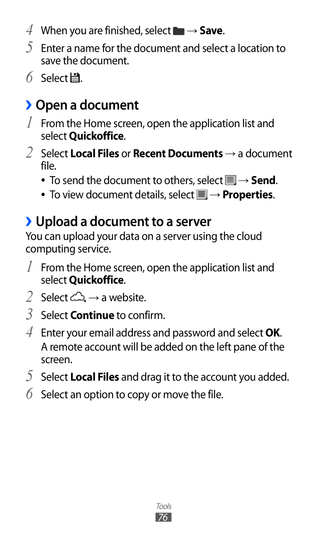 Samsung GT-P7510 user manual ››Open a document, ››Upload a document to a server 