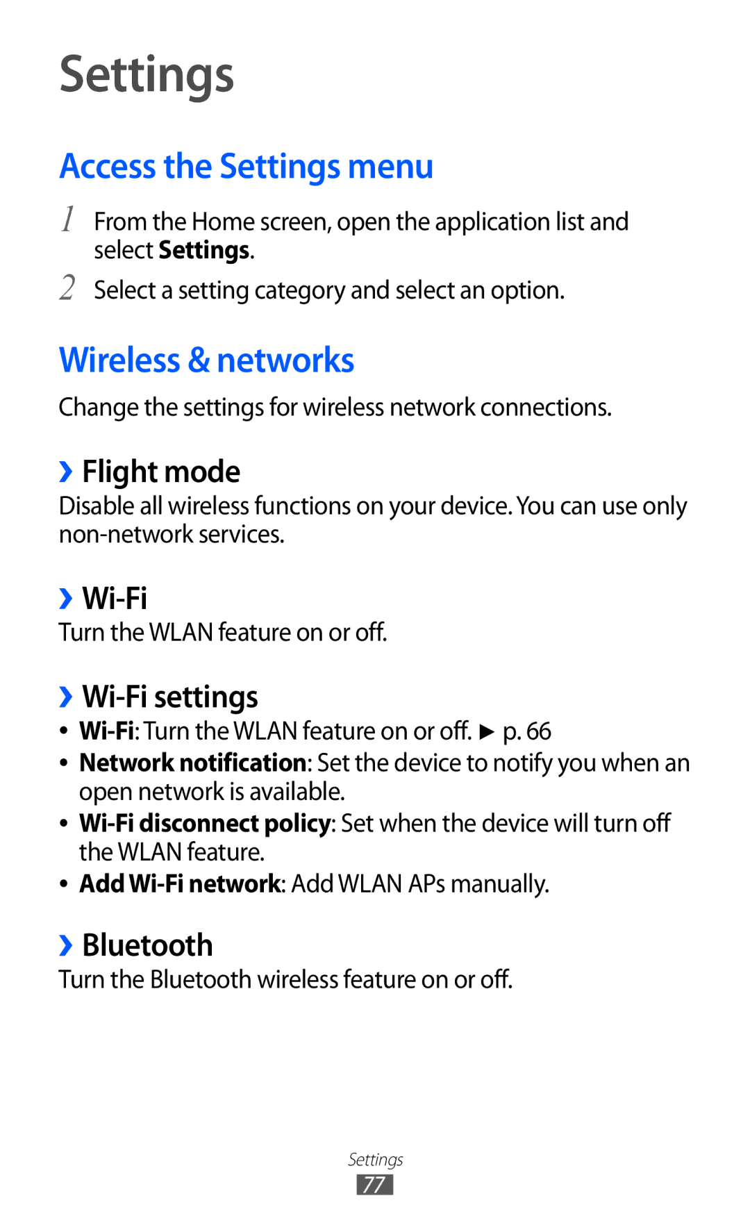 Samsung GT-P7510 user manual Access the Settings menu, Wireless & networks 