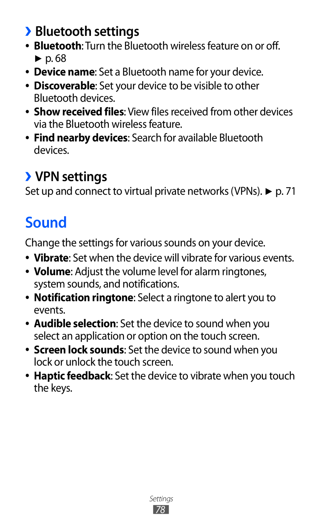 Samsung GT-P7510 user manual Sound, ››Bluetooth settings, ››VPN settings 