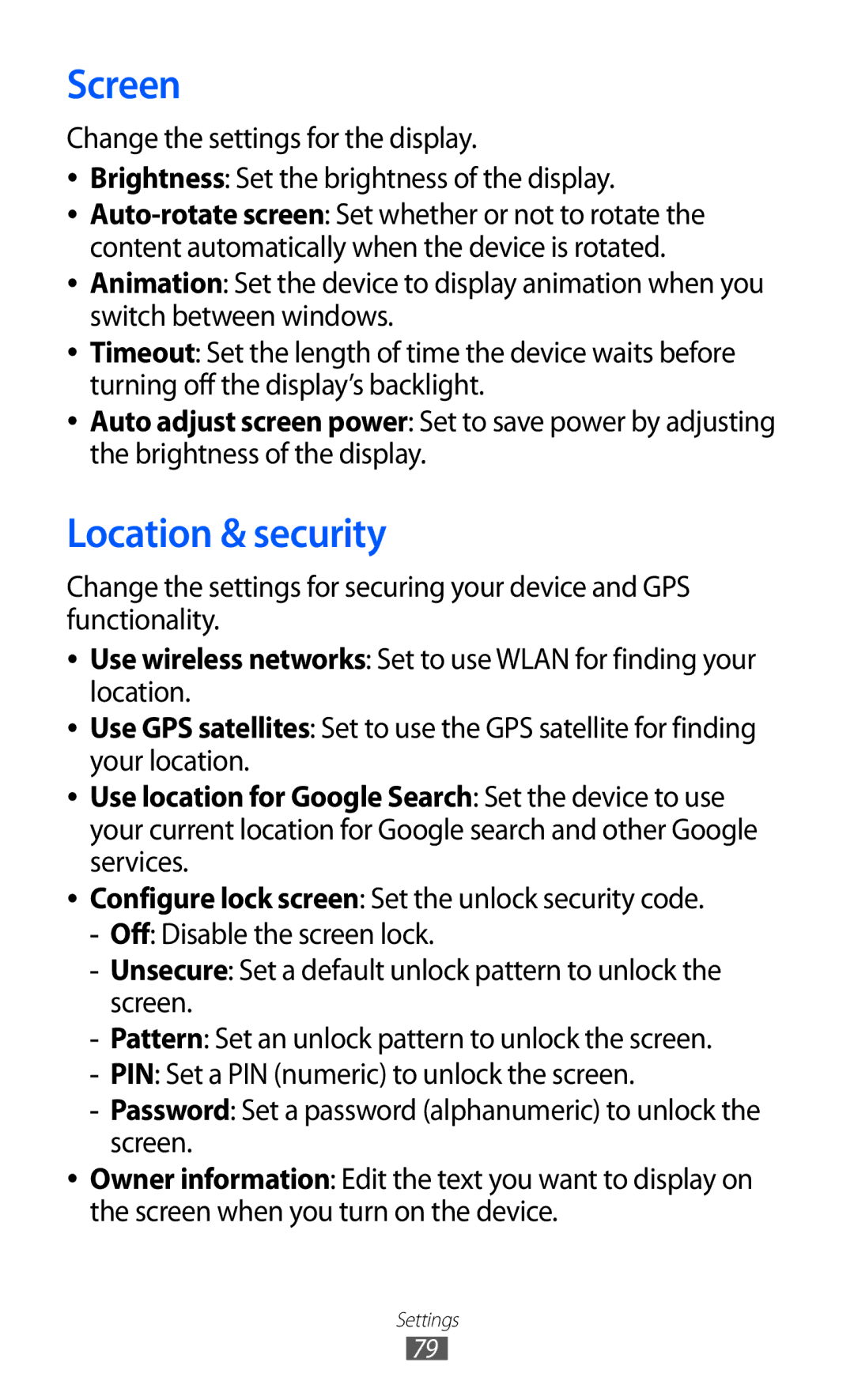 Samsung GT-P7510 user manual Screen, Location & security 