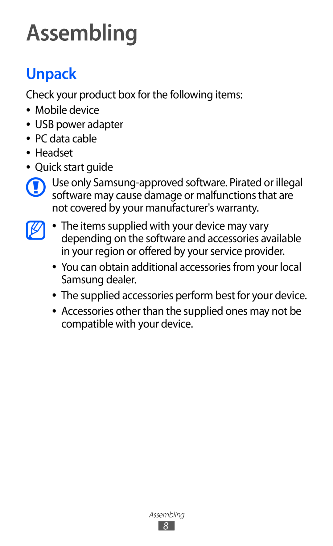 Samsung GT-P7510 user manual Assembling, Unpack 