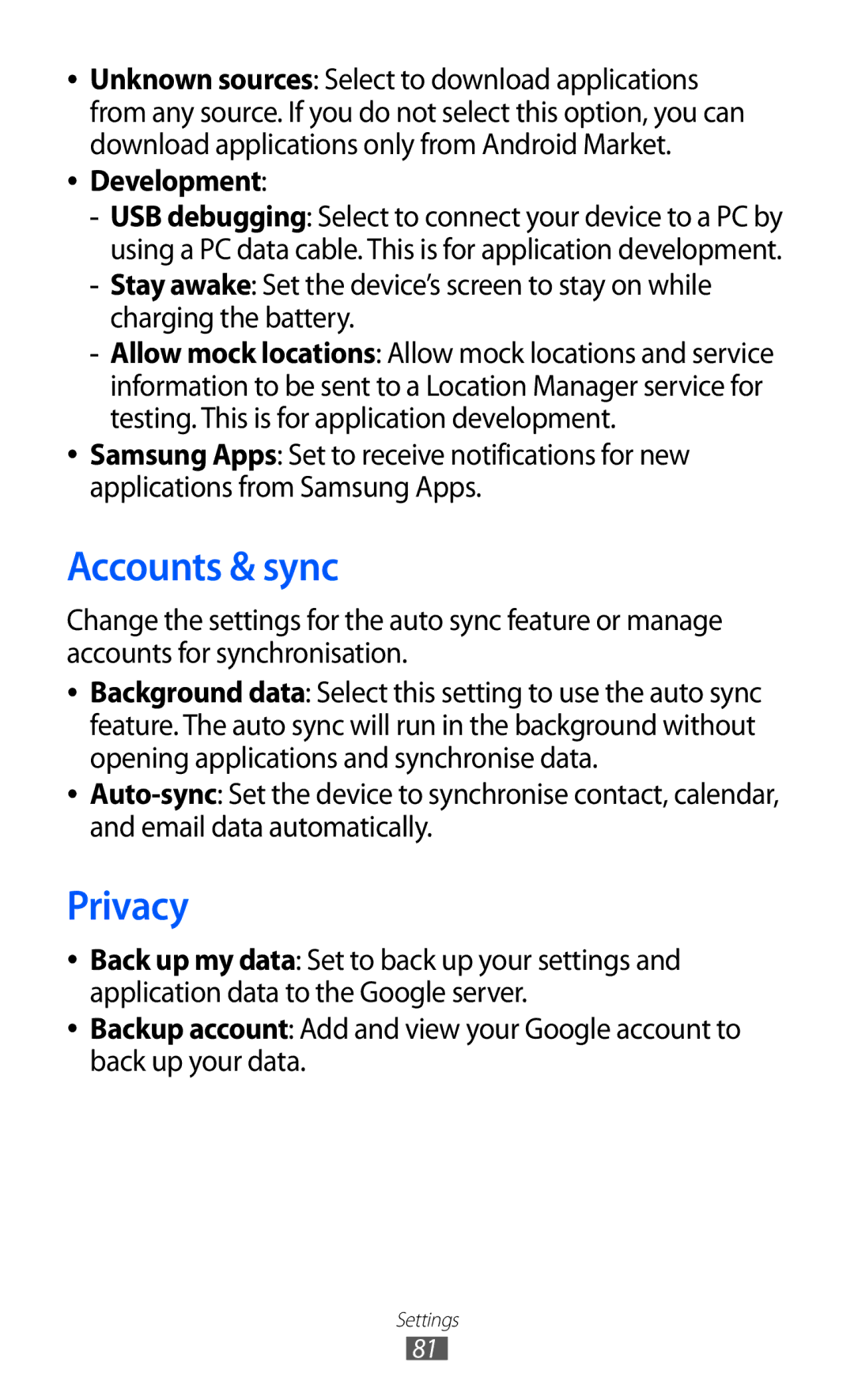 Samsung GT-P7510 user manual Accounts & sync, Privacy, Development 