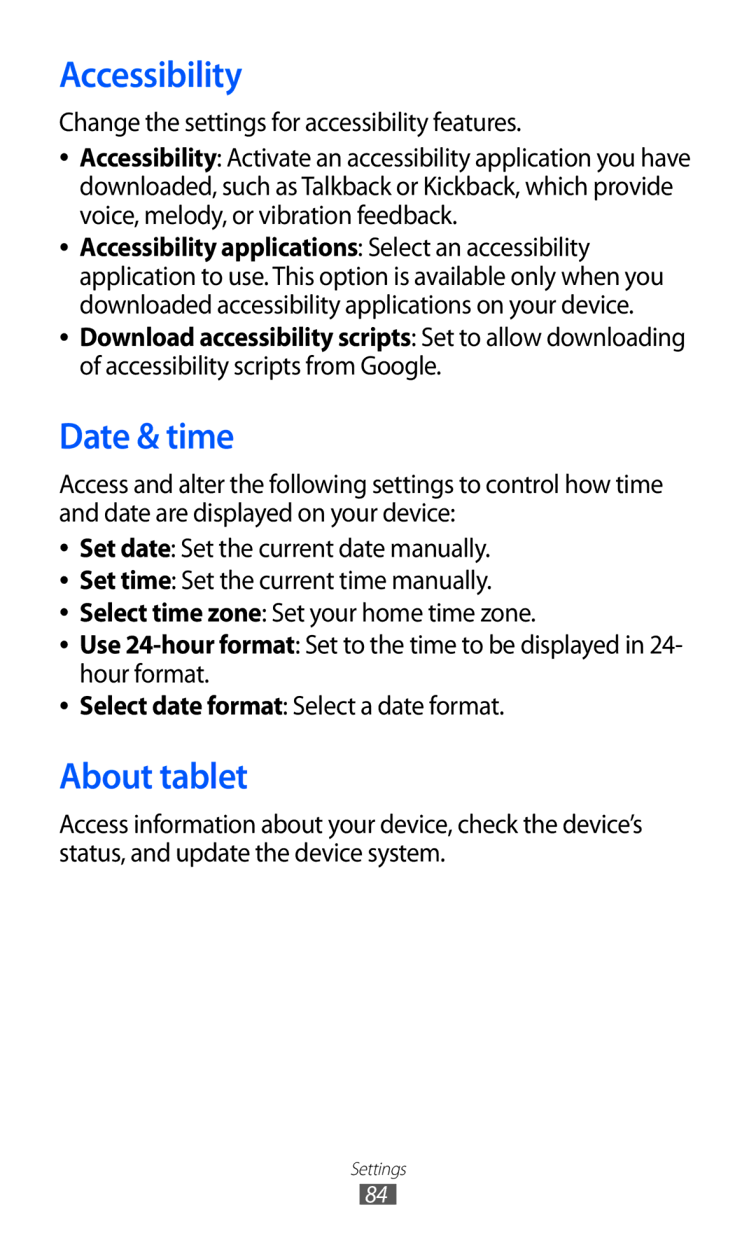 Samsung GT-P7510 user manual Accessibility, Date & time, About tablet 