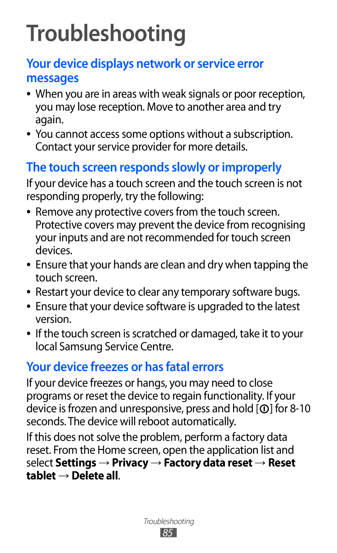 Samsung GT-P7510 user manual Troubleshooting, Your device displays network or service error messages 