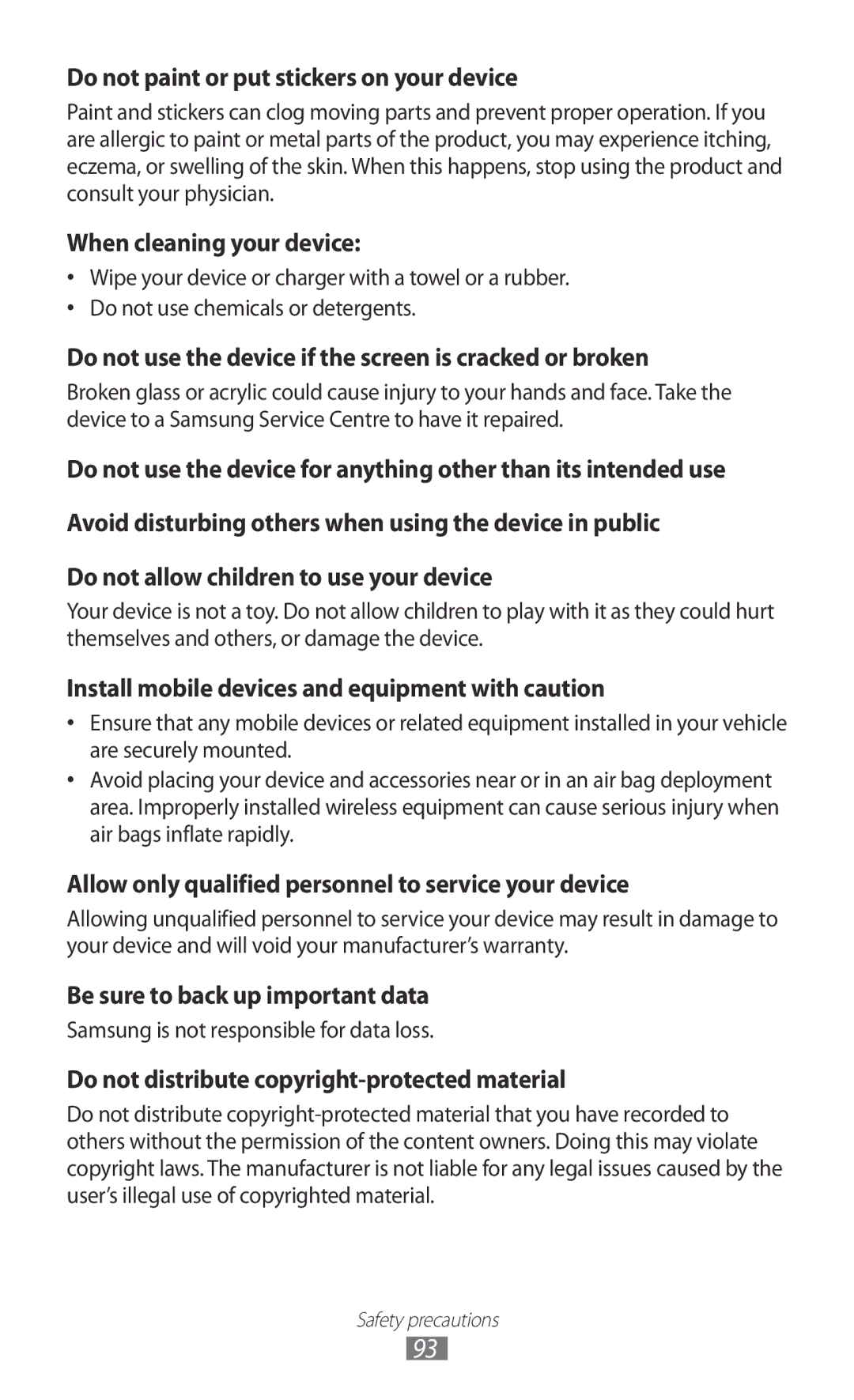 Samsung GT-P7510 user manual When cleaning your device 