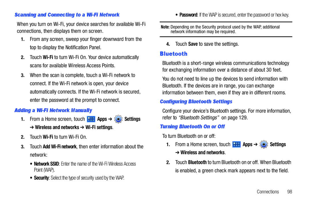 Samsung GT-P7510 user manual Bluetooth, Scanning and Connecting to a Wi-Fi Network, Adding a Wi-Fi Network Manually 