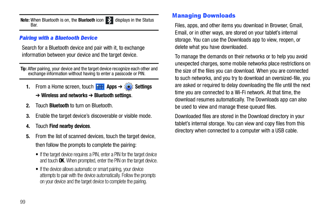 Samsung GT-P7510 user manual Managing Downloads, Pairing with a Bluetooth Device, Wireless and networks Bluetooth settings 