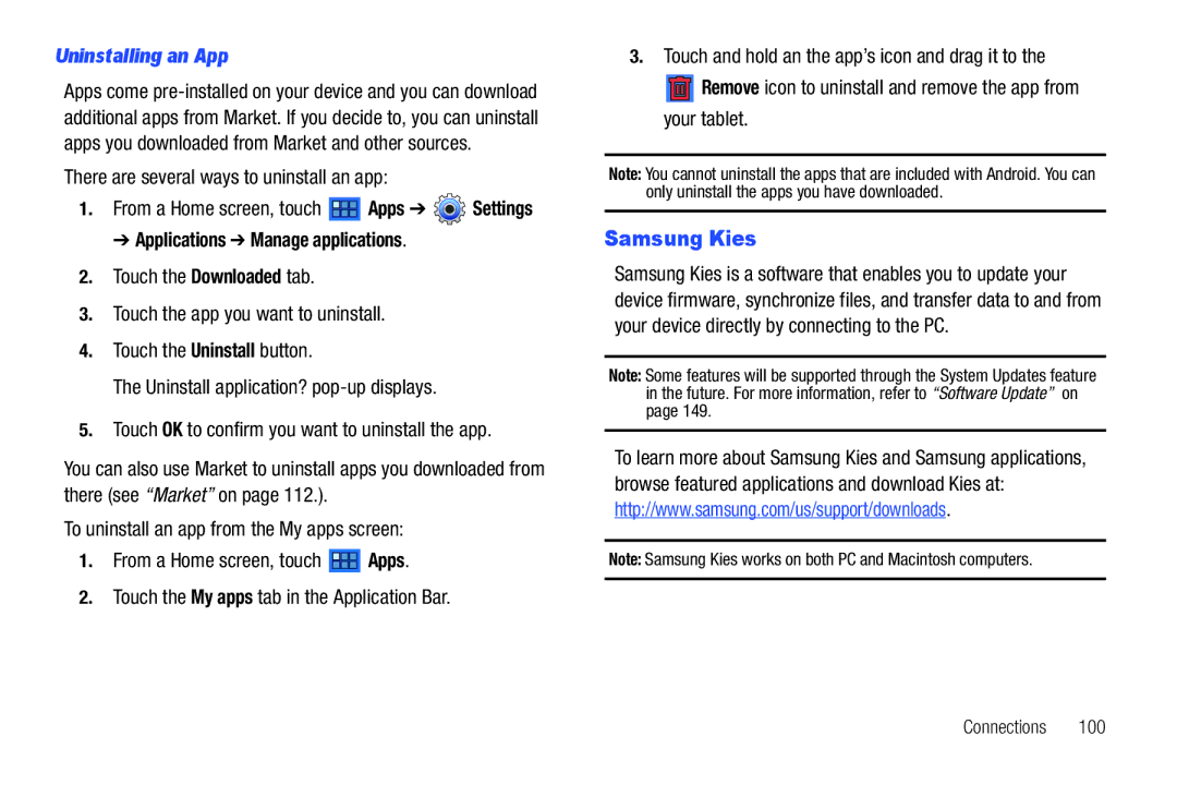 Samsung GT-P7510 user manual Samsung Kies, Uninstalling an App, There are several ways to uninstall an app 