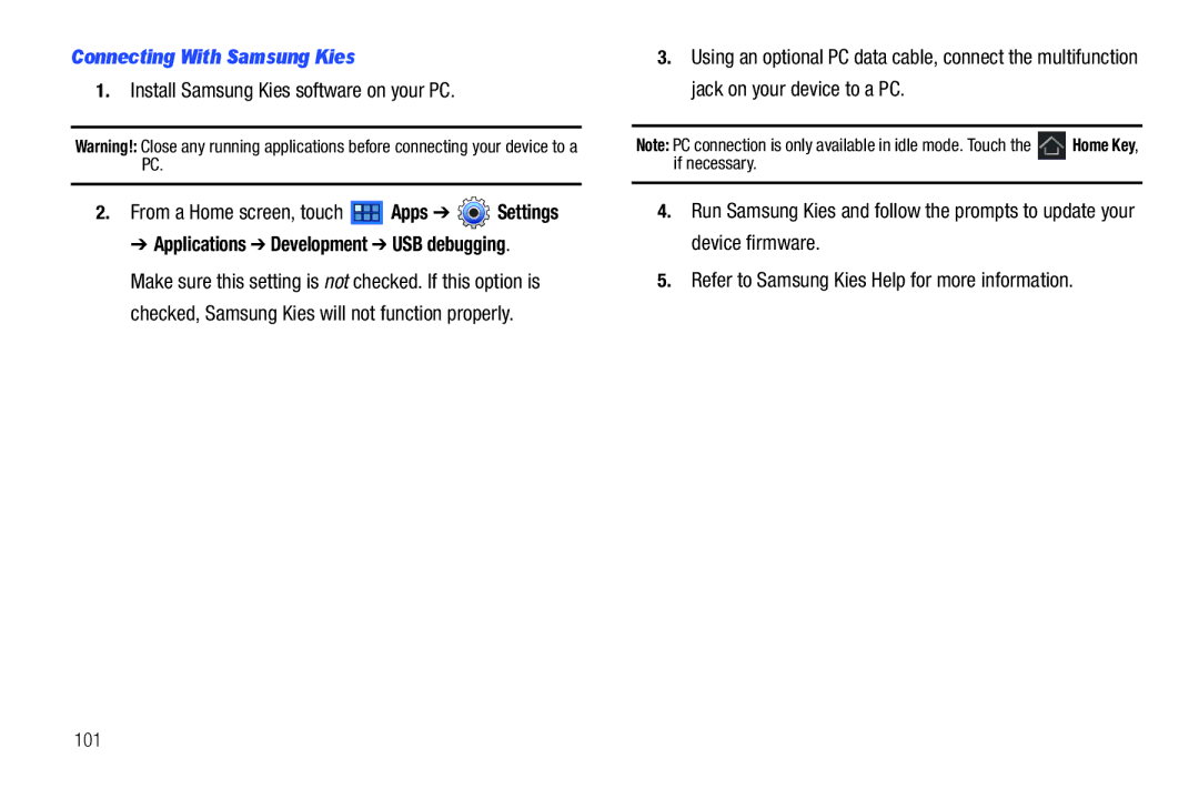 Samsung GT-P7510 user manual Connecting With Samsung Kies, Install Samsung Kies software on your PC, 101 