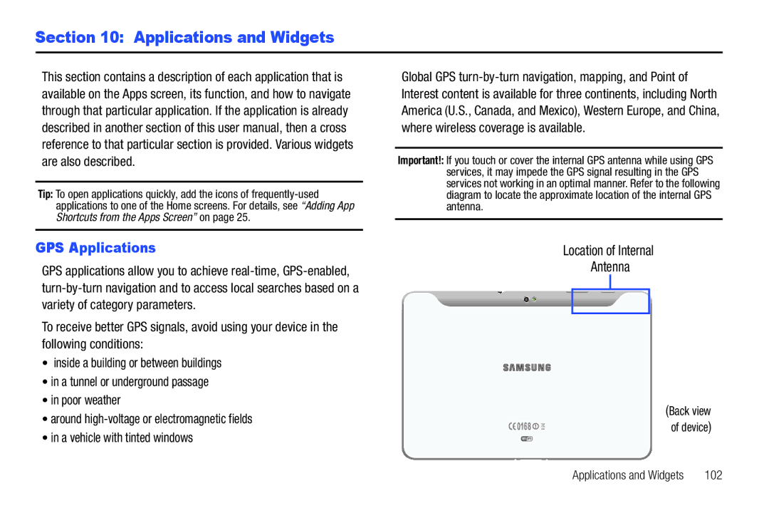 Samsung GT-P7510 user manual Applications and Widgets, GPS Applications, 102 