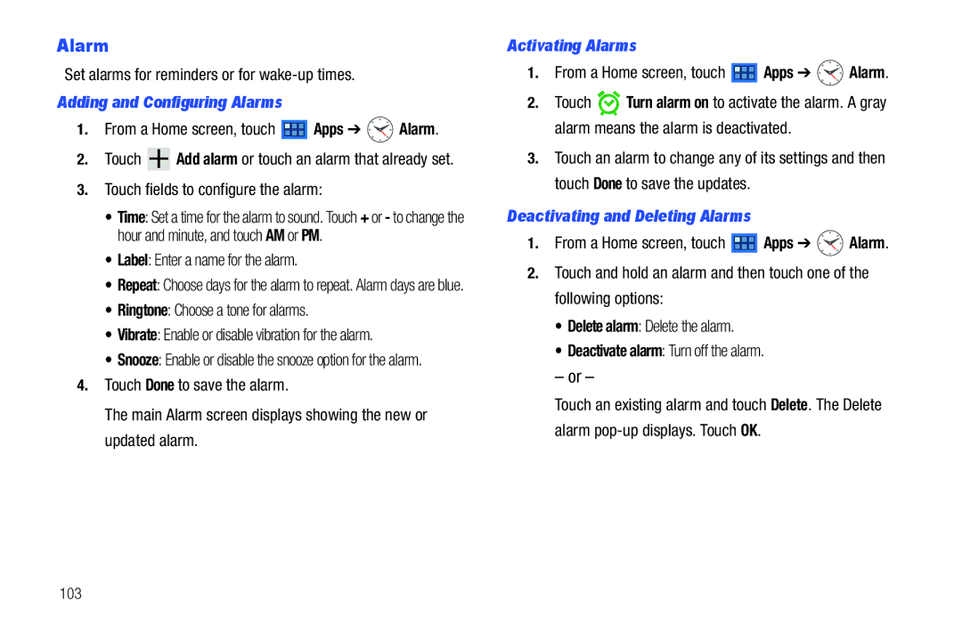 Samsung GT-P7510 user manual Adding and Configuring Alarms, Activating Alarms, Deactivating and Deleting Alarms 