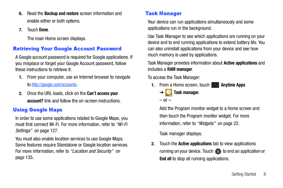 Samsung GT-P7510 user manual Retrieving Your Google Account Password, Using Google Maps, Task Manager, Task manager 