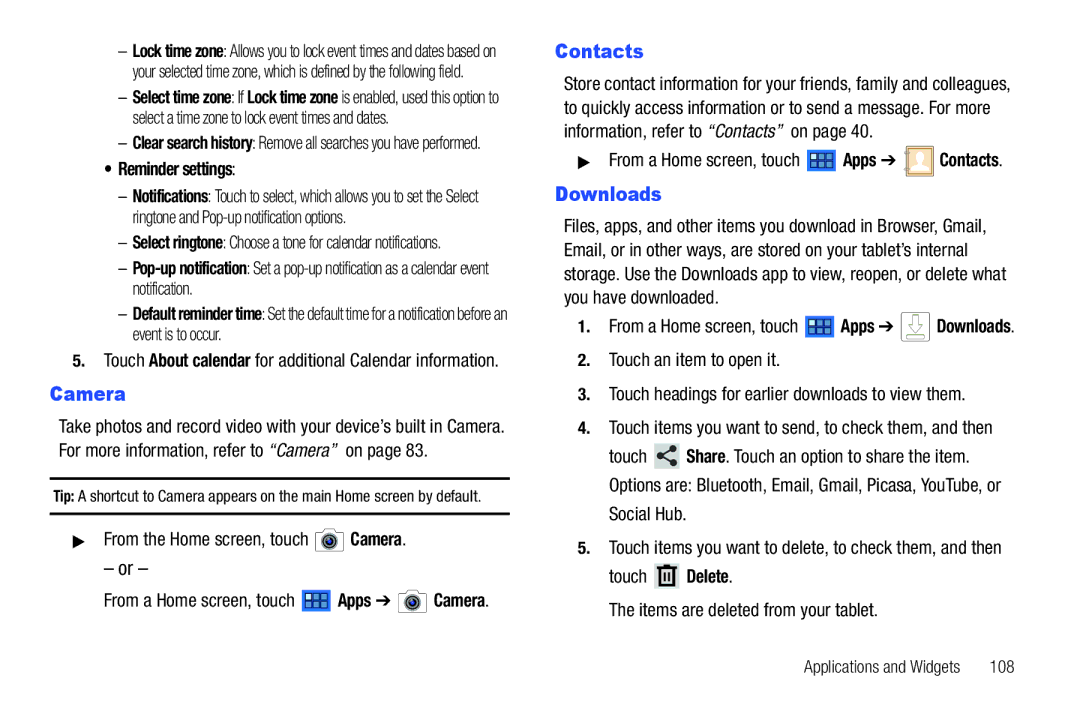 Samsung GT-P7510 user manual Downloads, Reminder settings, Touch Delete Items are deleted from your tablet 