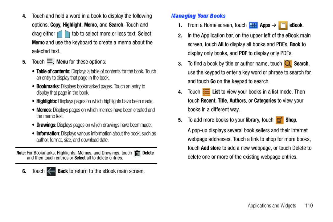 Samsung GT-P7510 Selected text Touch Menu for these options, Managing Your Books, From a Home screen, touch Apps eBook 