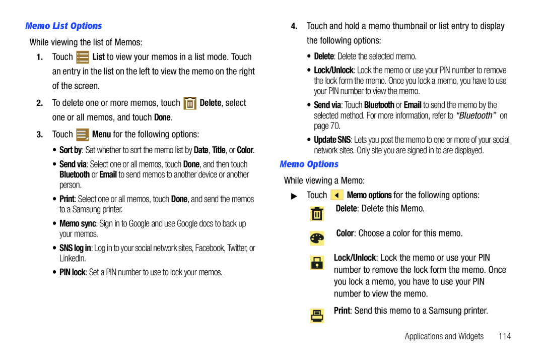 Samsung GT-P7510 user manual Memo List Options, While viewing the list of Memos, Screen, Memo Options 