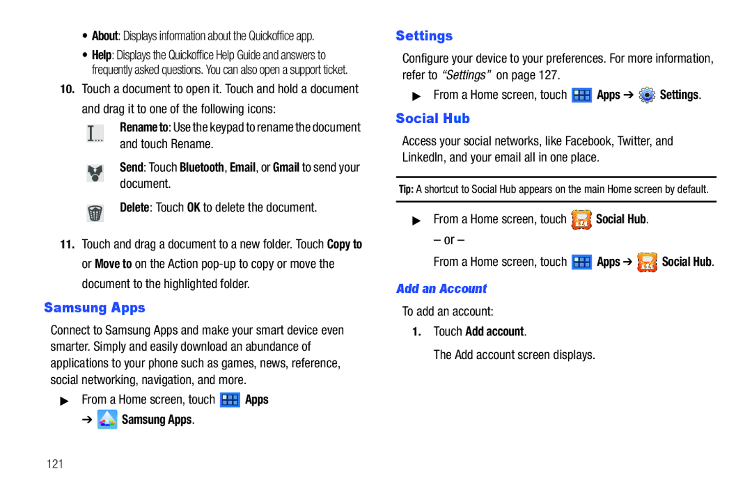 Samsung GT-P7510 user manual Samsung Apps, Settings, Social Hub, Add an Account 