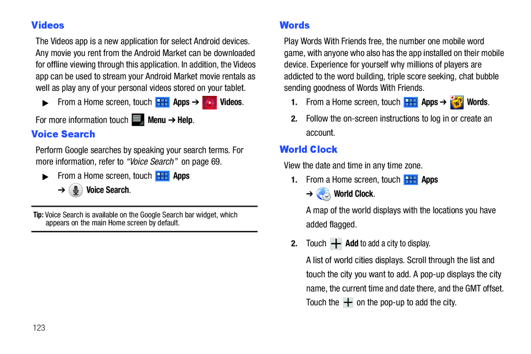 Samsung GT-P7510 user manual Videos, Words, World Clock 