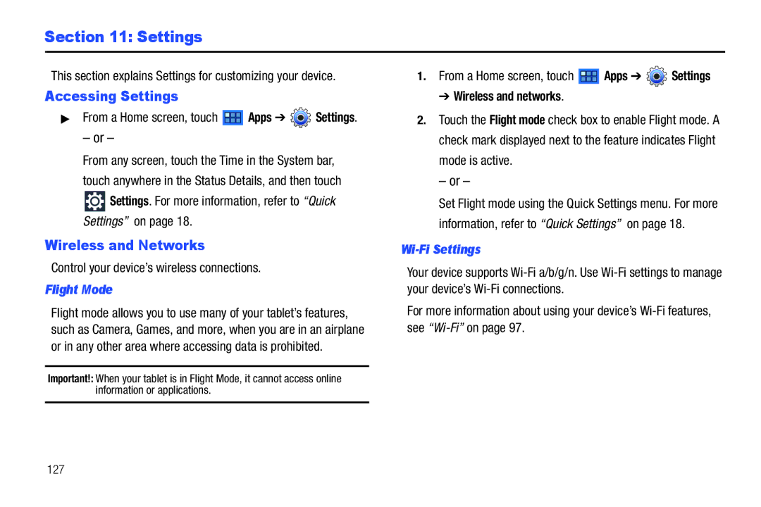 Samsung GT-P7510 user manual Accessing Settings, Wireless and Networks, Flight Mode, Wi-Fi Settings 
