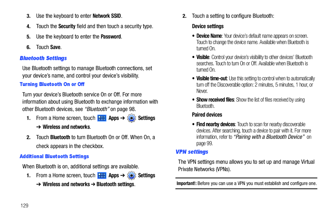 Samsung GT-P7510 user manual Bluetooth Settings, Device settings, VPN settings 