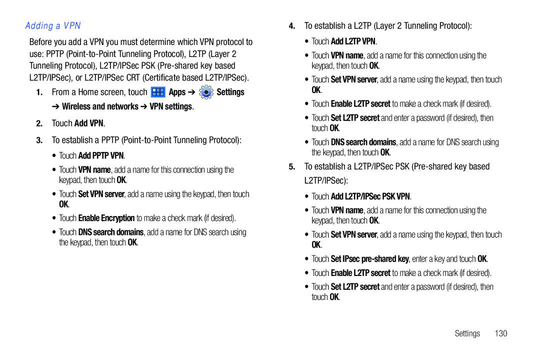 Samsung GT-P7510 user manual Adding a VPN, Wireless and networks VPN settings, Touch Add Pptp VPN, Touch Add L2TP VPN 