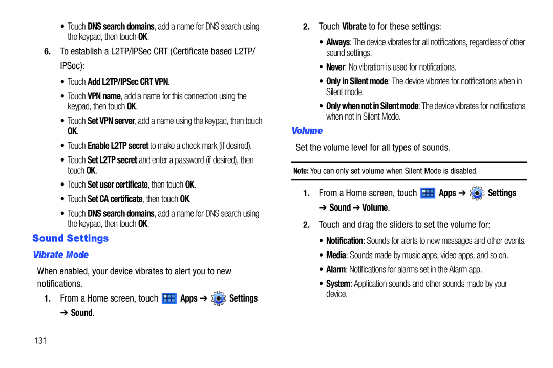 Samsung GT-P7510 user manual Sound Settings, Vibrate Mode, Volume 