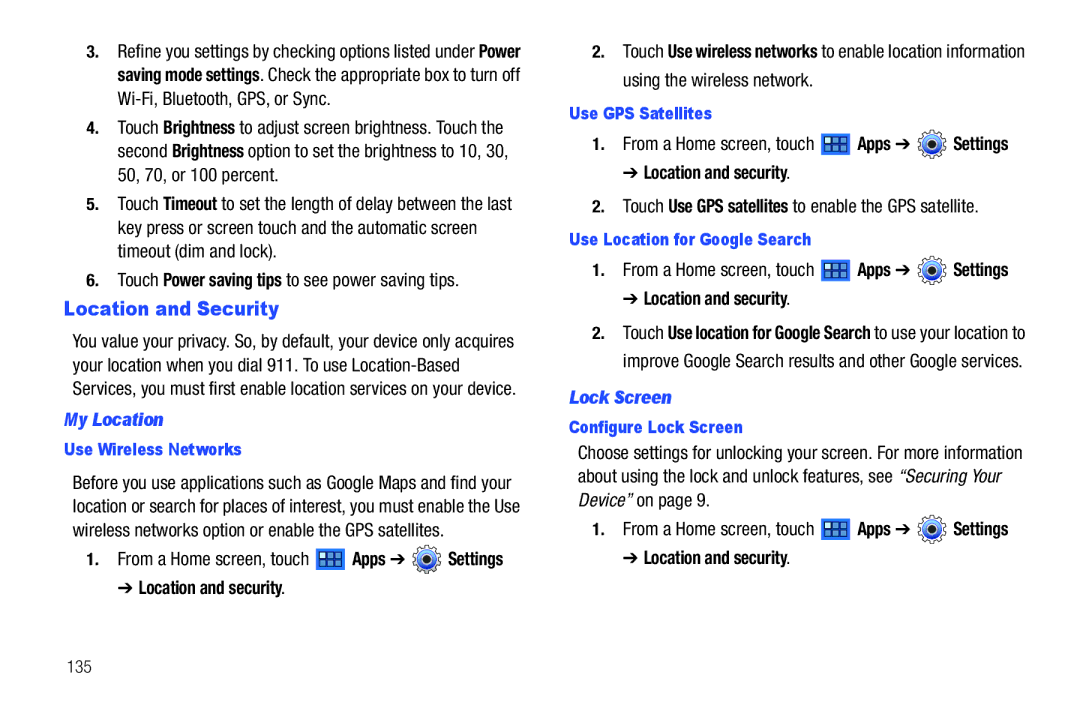 Samsung GT-P7510 Location and Security, Touch Power saving tips to see power saving tips, My Location, Lock Screen 