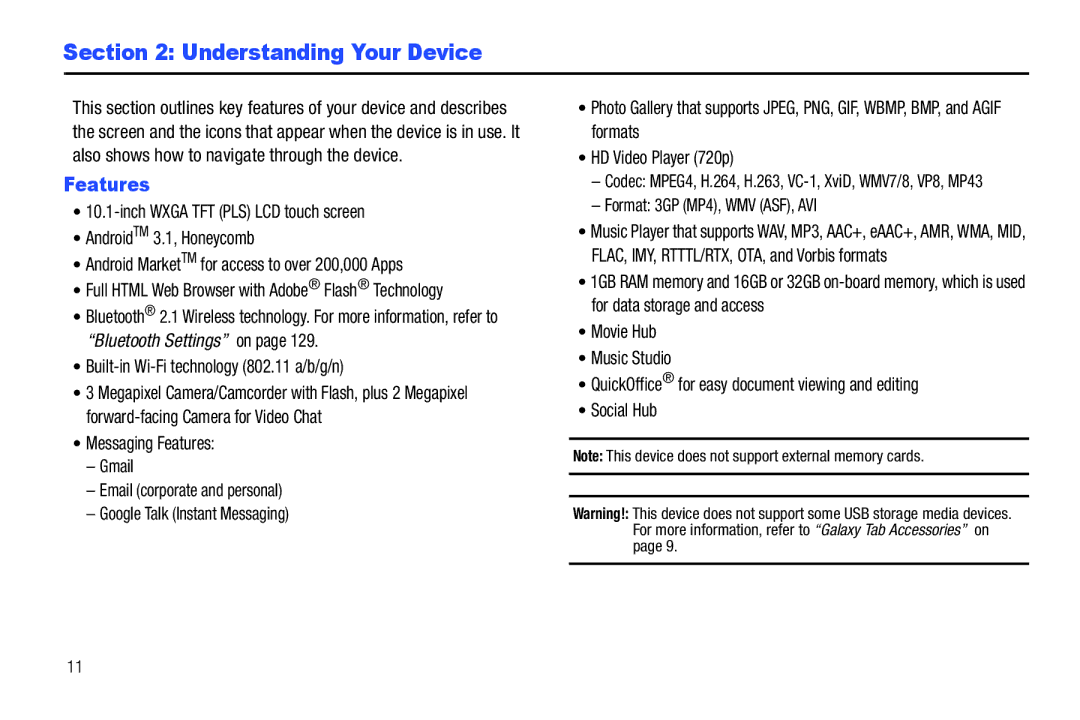 Samsung GT-P7510 user manual Understanding Your Device, Features, Built-in Wi-Fi technology 802.11 a/b/g/n 