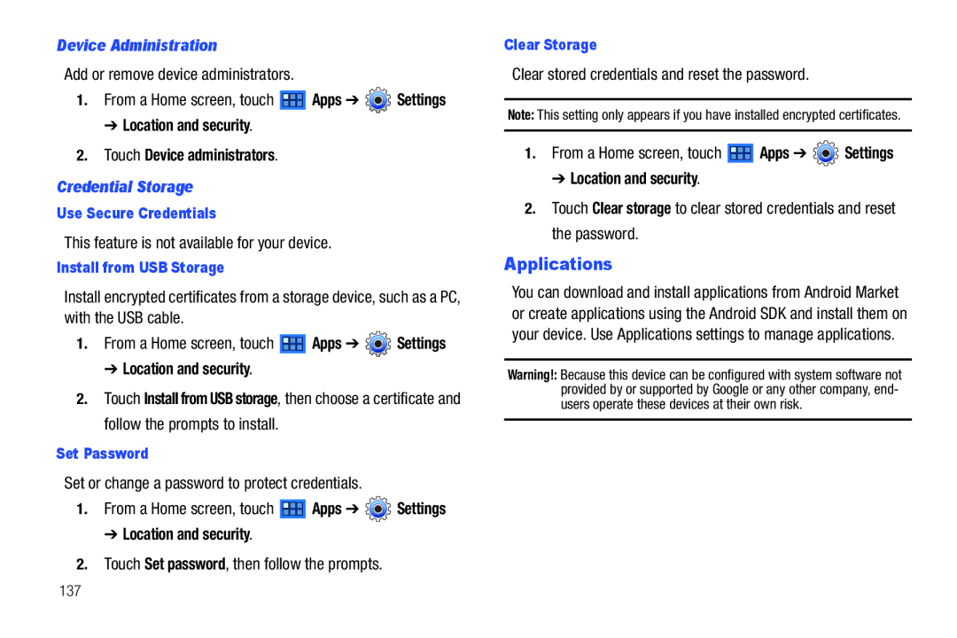 Samsung GT-P7510 user manual Device Administration, Location and security Touch Device administrators, Credential Storage 