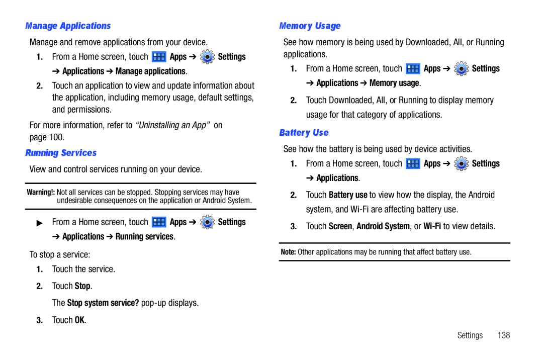 Samsung GT-P7510 user manual Manage Applications, Running Services, Memory Usage, Battery Use 