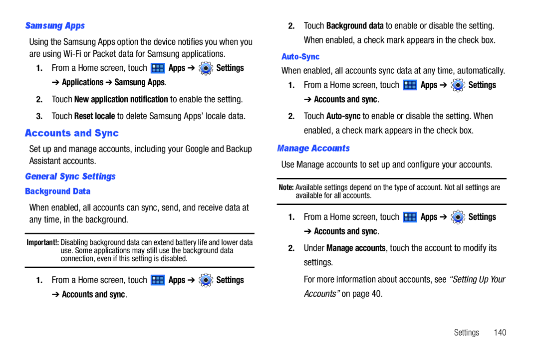 Samsung GT-P7510 user manual Accounts and Sync, Applications Samsung Apps, General Sync Settings, Manage Accounts 