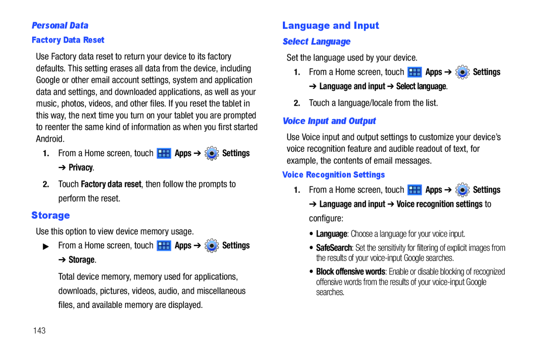 Samsung GT-P7510 user manual Storage, Language and Input, Personal Data, Select Language, Voice Input and Output 