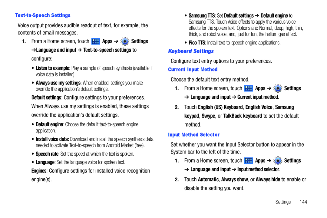 Samsung GT-P7510 user manual Language and input Text-to-speech settings to configure, Keyboard Settings 