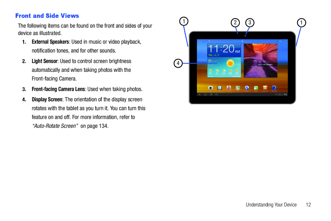 Samsung GT-P7510 user manual Front and Side Views, Front-facing Camera Lens Used when taking photos 