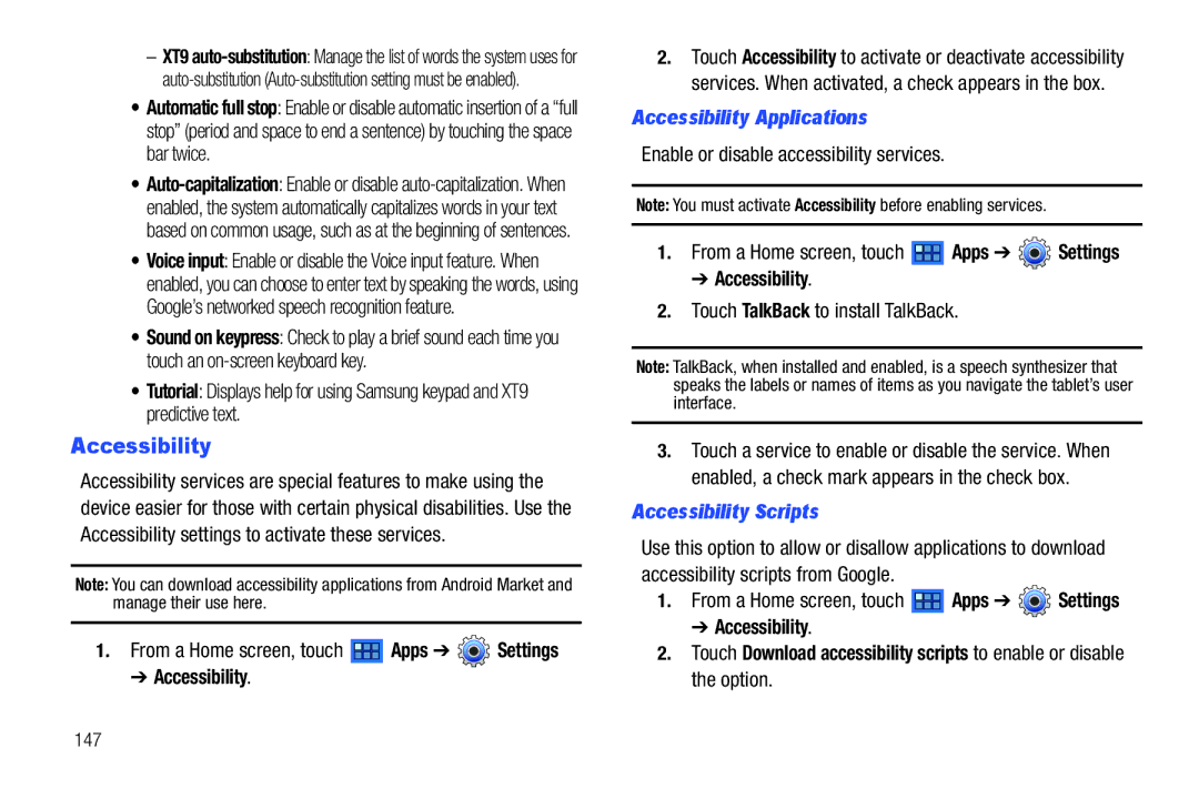 Samsung GT-P7510 user manual Accessibility Applications, Accessibility Scripts 