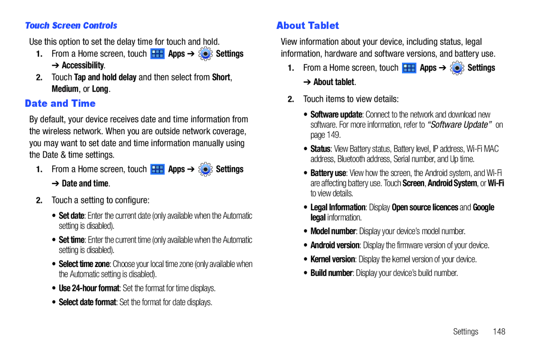 Samsung GT-P7510 user manual Date and Time, About Tablet, Touch Screen Controls, Date and time, About tablet 