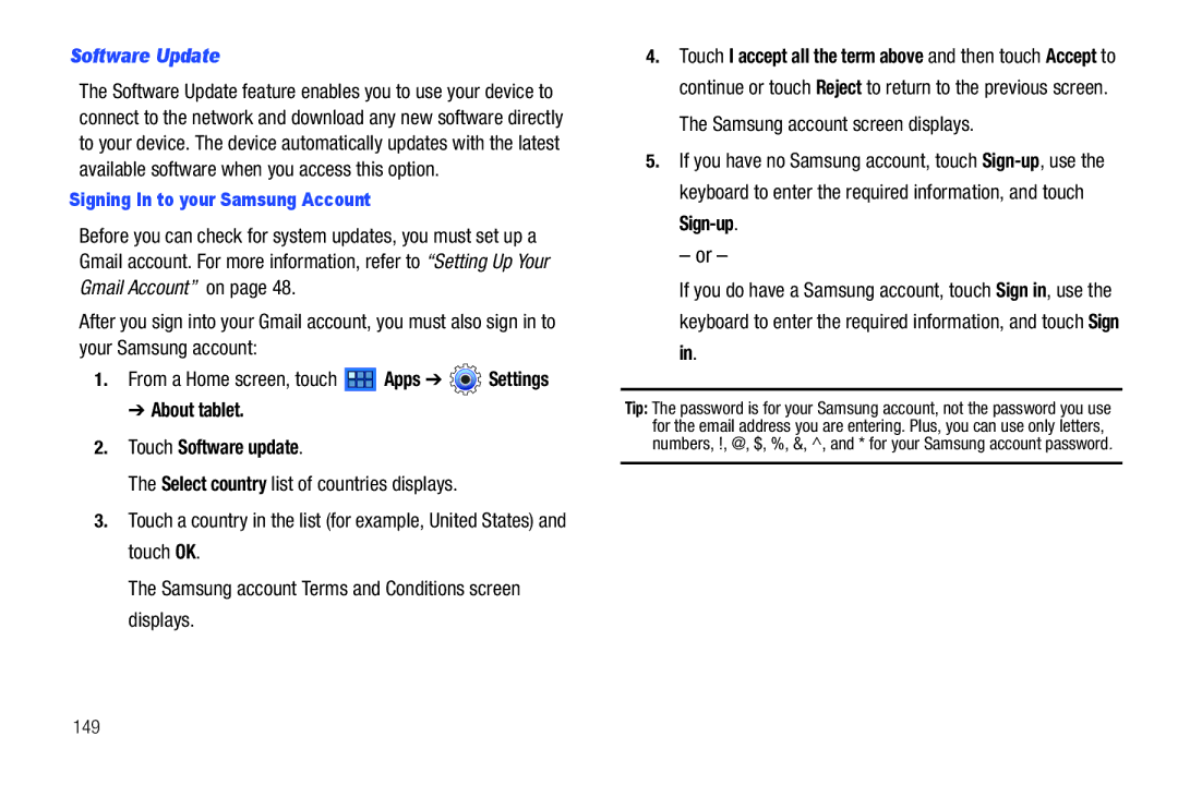 Samsung GT-P7510 user manual Software Update, About tablet Touch Software update, Signing In to your Samsung Account, 149 