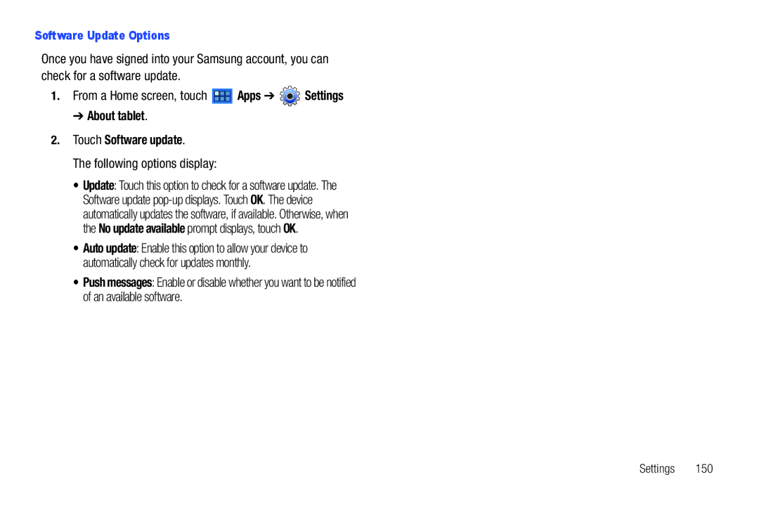 Samsung GT-P7510 user manual Following options display, Software Update Options 