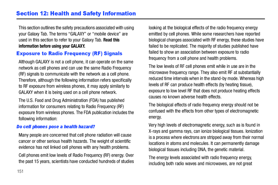 Samsung GT-P7510 user manual Health and Safety Information, Exposure to Radio Frequency RF Signals, 151 