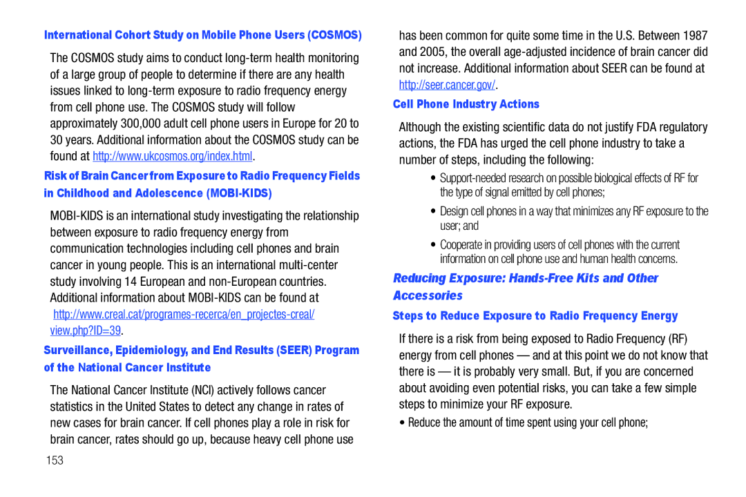 Samsung GT-P7510 user manual Reducing Exposure Hands-Free Kits and Other Accessories, Cell Phone Industry Actions 