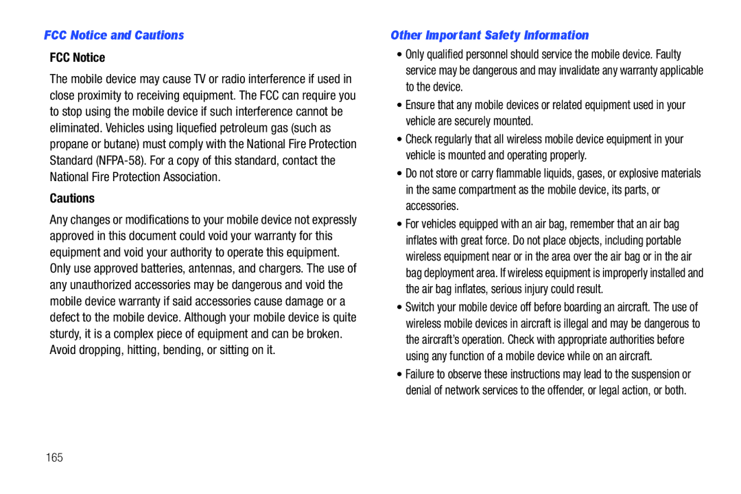 Samsung GT-P7510 user manual FCC Notice and Cautions, Other Important Safety Information, 165 