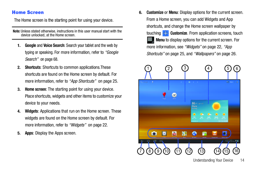 Samsung GT-P7510 user manual Home Screen, Apps Display the Apps screen, Shortcuts on page 25, and Wallpapers on 