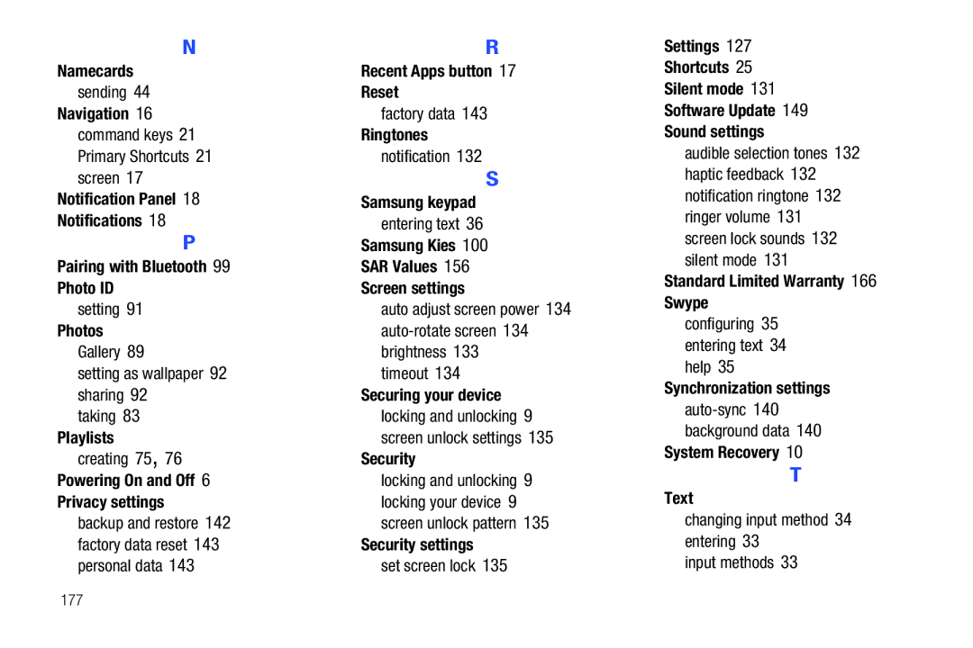 Samsung GT-P7510 Namecards Recent Apps button, Reset, Navigation, Ringtones, Samsung Kies, Photos, Securing your device 