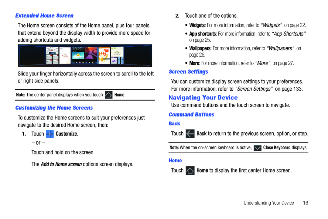 Samsung GT-P7510 user manual Navigating Your Device, Extended Home Screen, Customizing the Home Screens, Screen Settings 