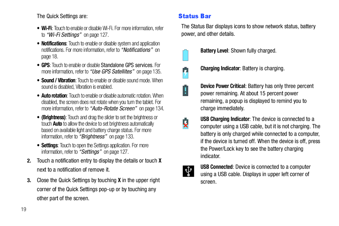 Samsung GT-P7510 user manual Status Bar, Quick Settings are 