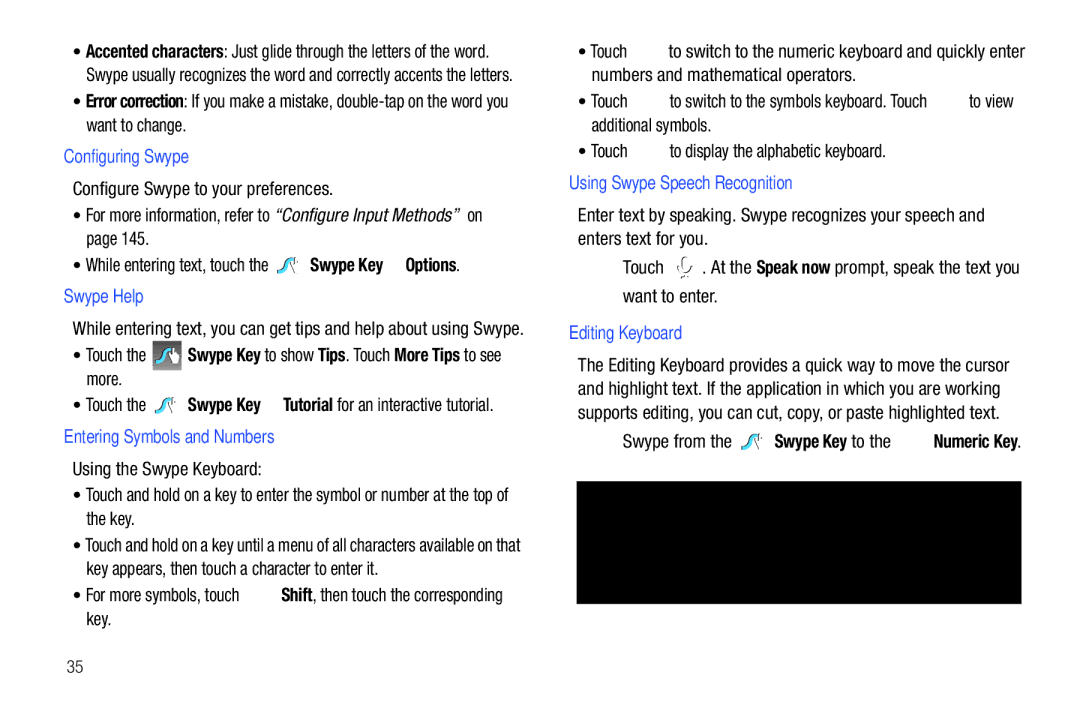 Samsung GT-P7510 user manual Configuring Swype, Swype Help, Entering Symbols and Numbers, Using Swype Speech Recognition 