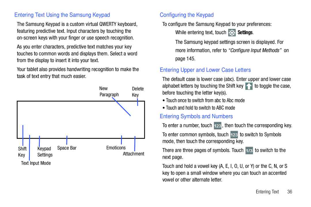 Samsung GT-P7510 Entering Text Using the Samsung Keypad, Configuring the Keypad, Entering Upper and Lower Case Letters 