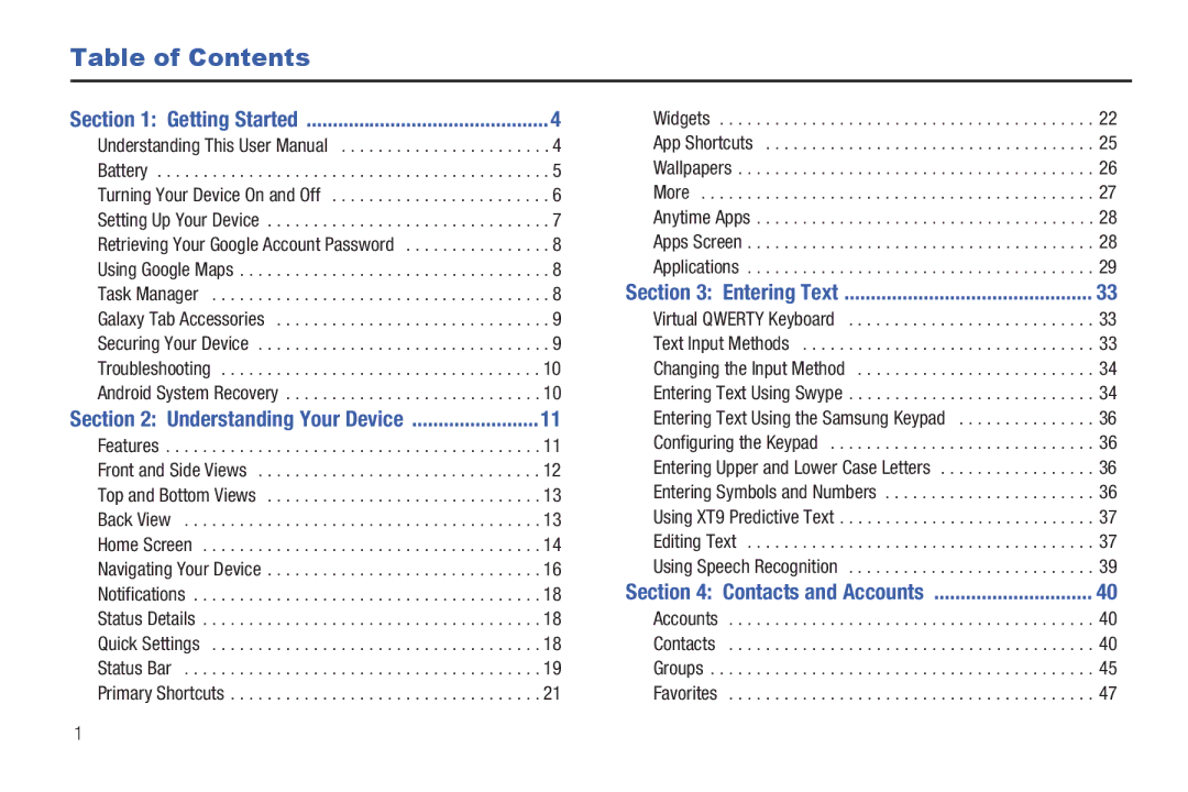 Samsung GT-P7510 user manual Table of Contents 