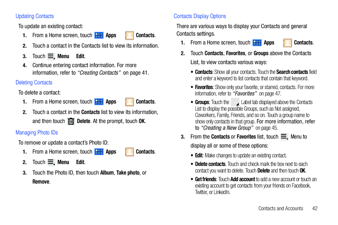 Samsung GT-P7510 Updating Contacts, Touch Menu Edit, Deleting Contacts, Managing Photo IDs, Contacts Display Options 